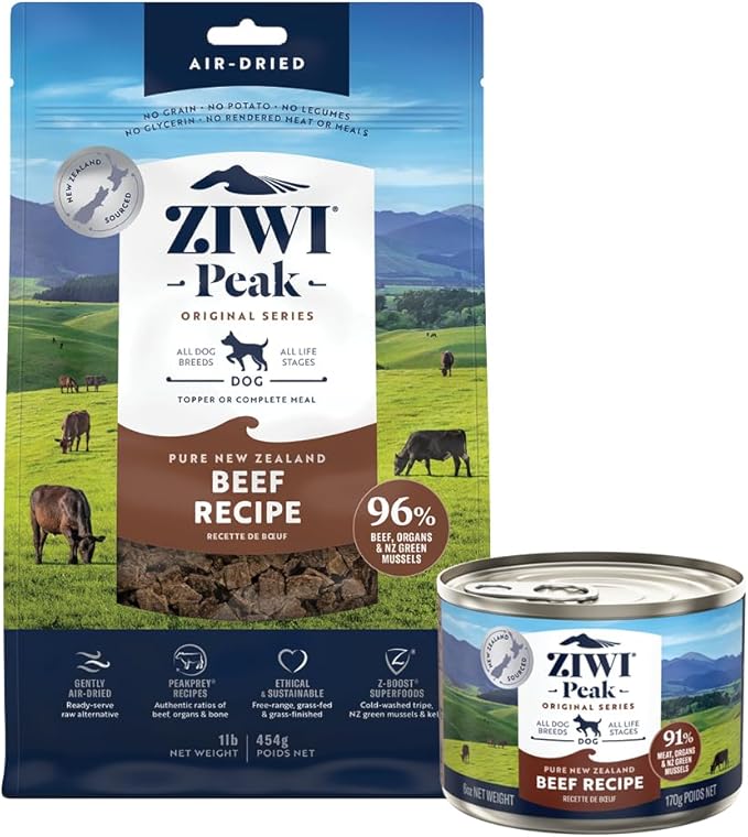 ZIWI Peak Beef Dog Food Bundle – All Natural, High Protein, Grain Free & Limited Ingredient, with Superfoods (Air-Dried 1.0 lb Bag + Case of 12, 6oz Cans)